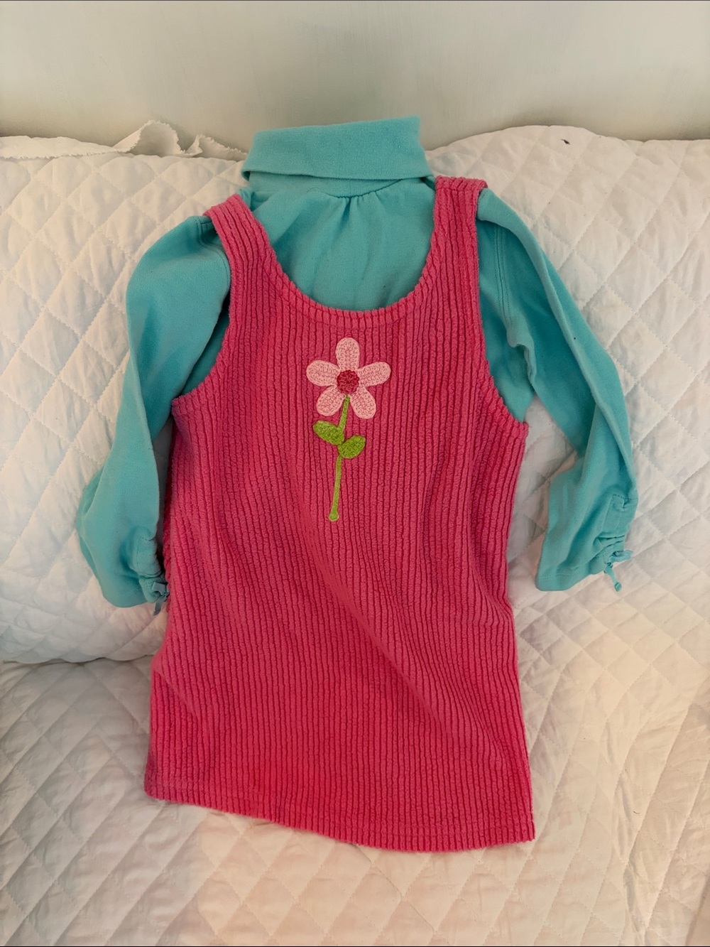 Girls Pink Corduroy Tank Dress with Flower Appliqué - Casual Playwear